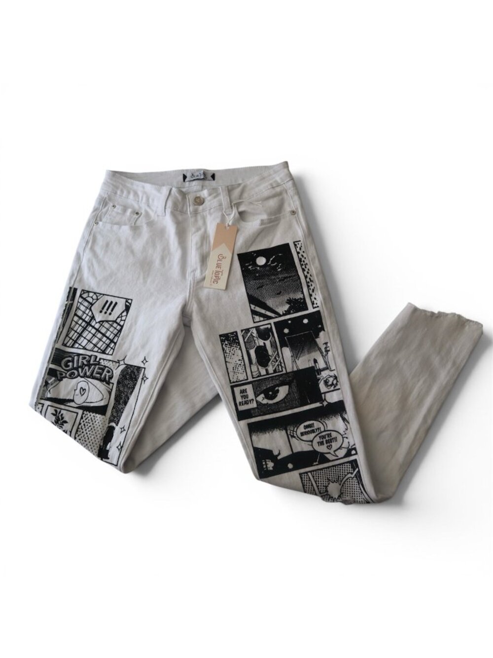 #918 Blue Topic Size 7/8 White Graphic Print Jeans With Comic & Girl Power Theme - Picture 3 of 9